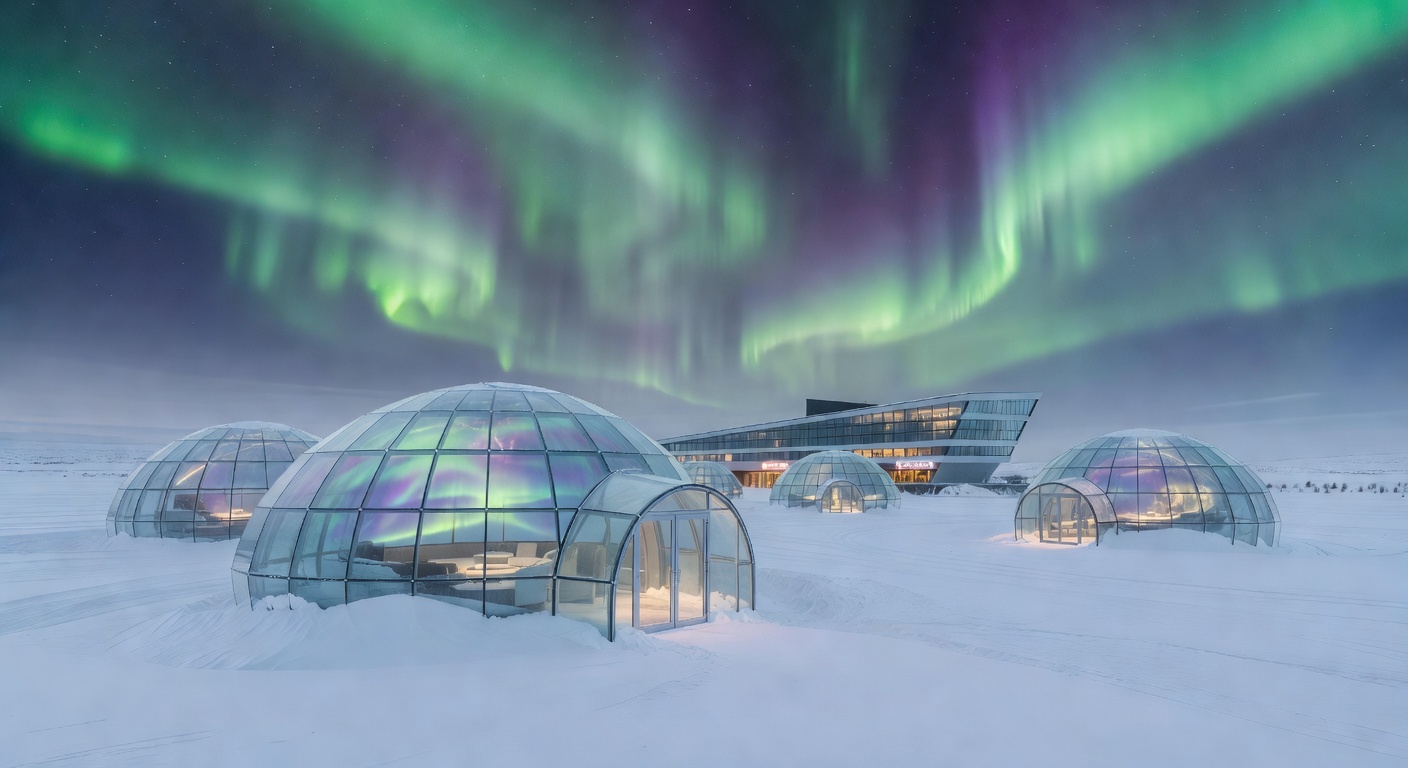 Glass igloo structures at the Arctic Glass Hotel and Casino in Rovaniemi under the northern lights