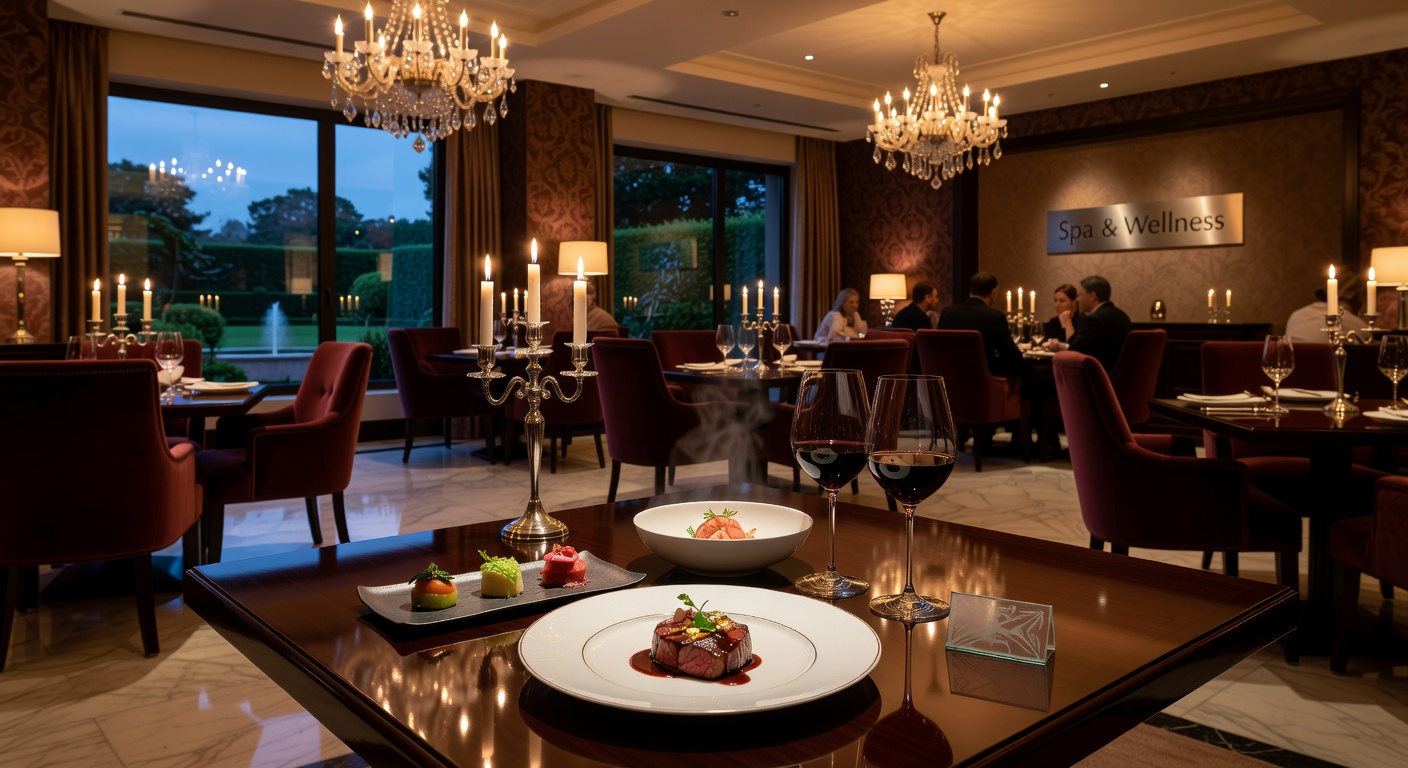 Elegant fine dining restaurant setting with gourmet dishes and wine