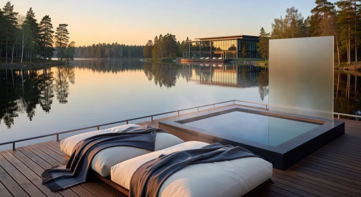Relaxing private spa area overlooking the lake at Lakeside Haven Hotel in Tampere