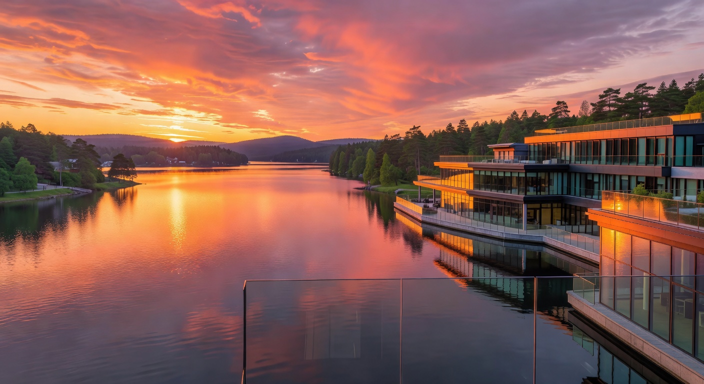Scenic lake view from the Lakeside Haven Hotel and Casino in Tampere during sunset