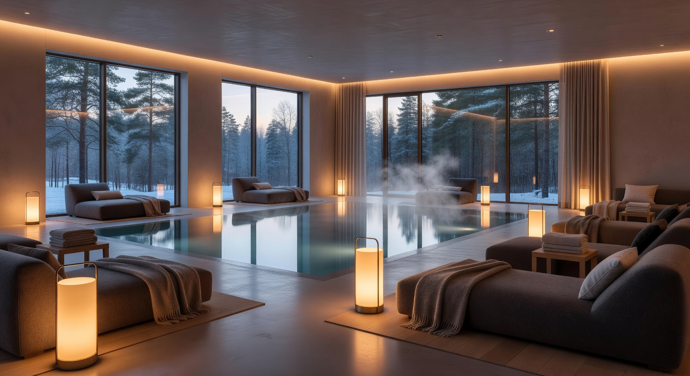 A peaceful Nordic spa and wellness center with warm lighting