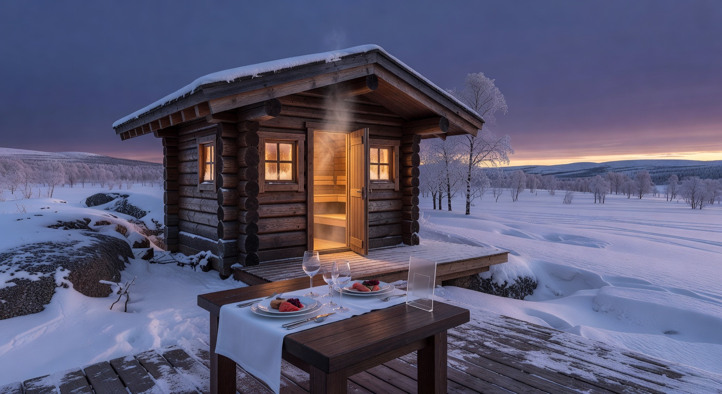 A luxurious traditional Finnish wood sauna overlooking a snowy landscape