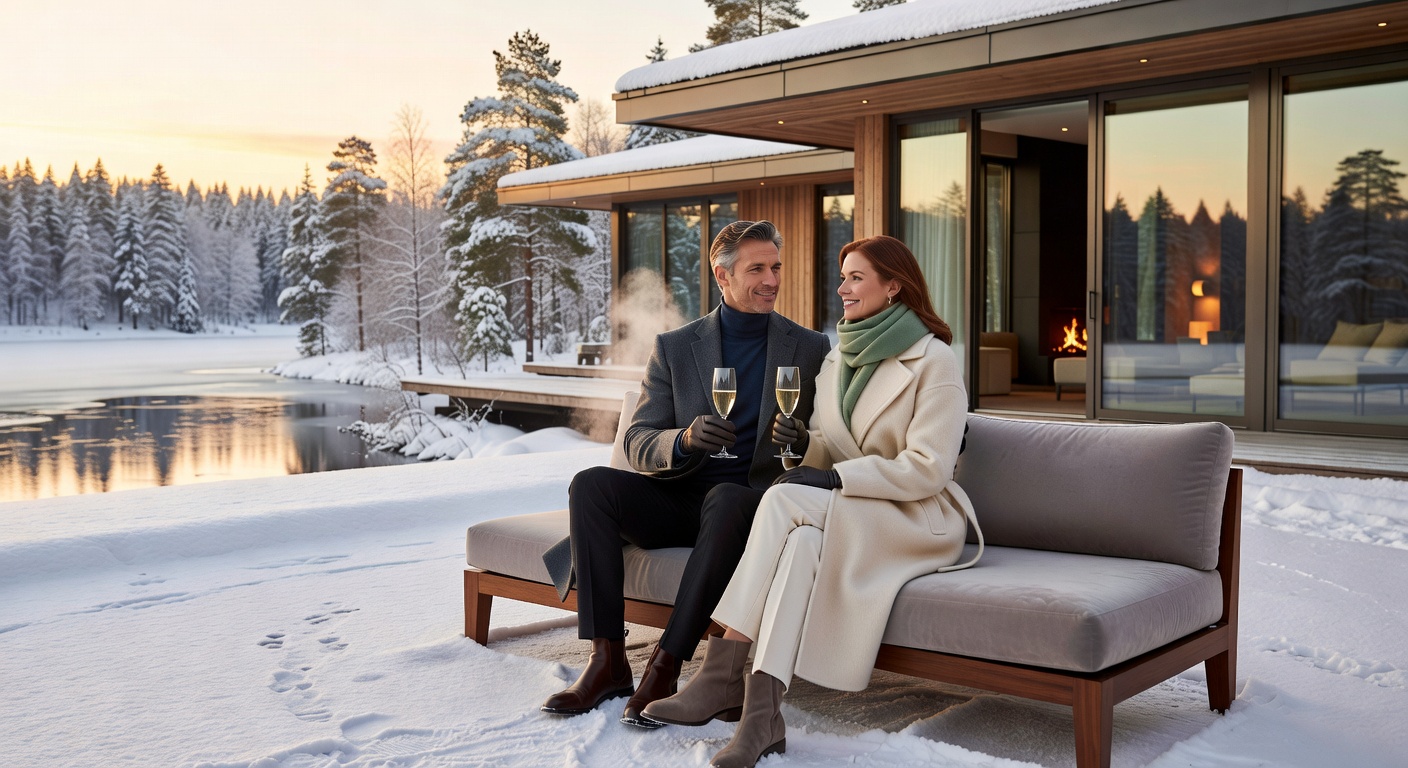 A sophisticated couple enjoying a luxurious lifestyle at a high-end Finnish resort